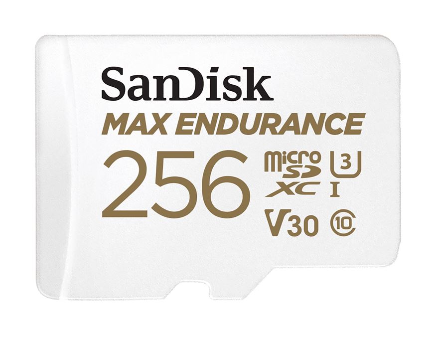 SanDisk Max Endurance 256GB microSDHC™ Card SQQVR 120,000 Hr Hrs UHS-I C10 U3 V30 100MB/s R, 40MB/s W SD adaptor 10Y