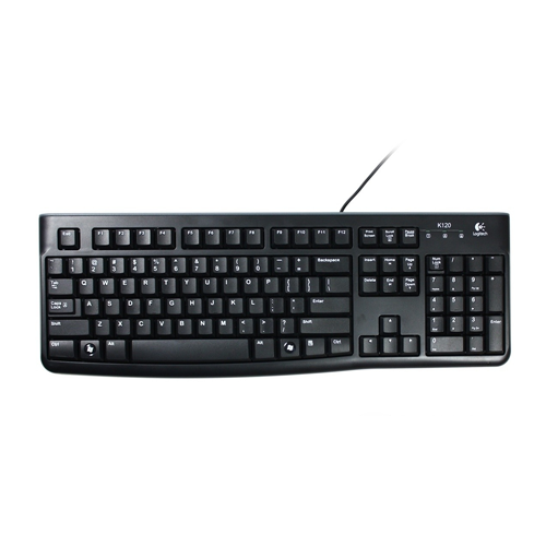 Logitech K120 Wired Keyboard Quiet typing Spill-resistant Durable keys Thin profile Curved space bar Adjustable tilt legs