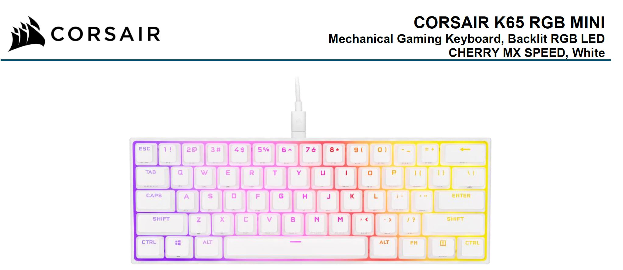 Corsair K65 RGB MINI 60% Mechanical Gaming Keyboard, Backlit RGB LED, CHERRY MX SPEED Keyswitches, White