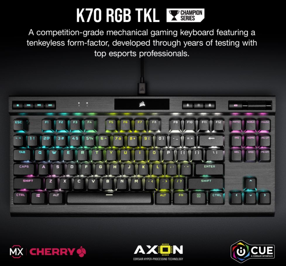 Corsair K70 RGB TKL Mechanical Gaming Keyboard, Backlit RGB LED, CHERRY MX SPEED Keyswitches, Black