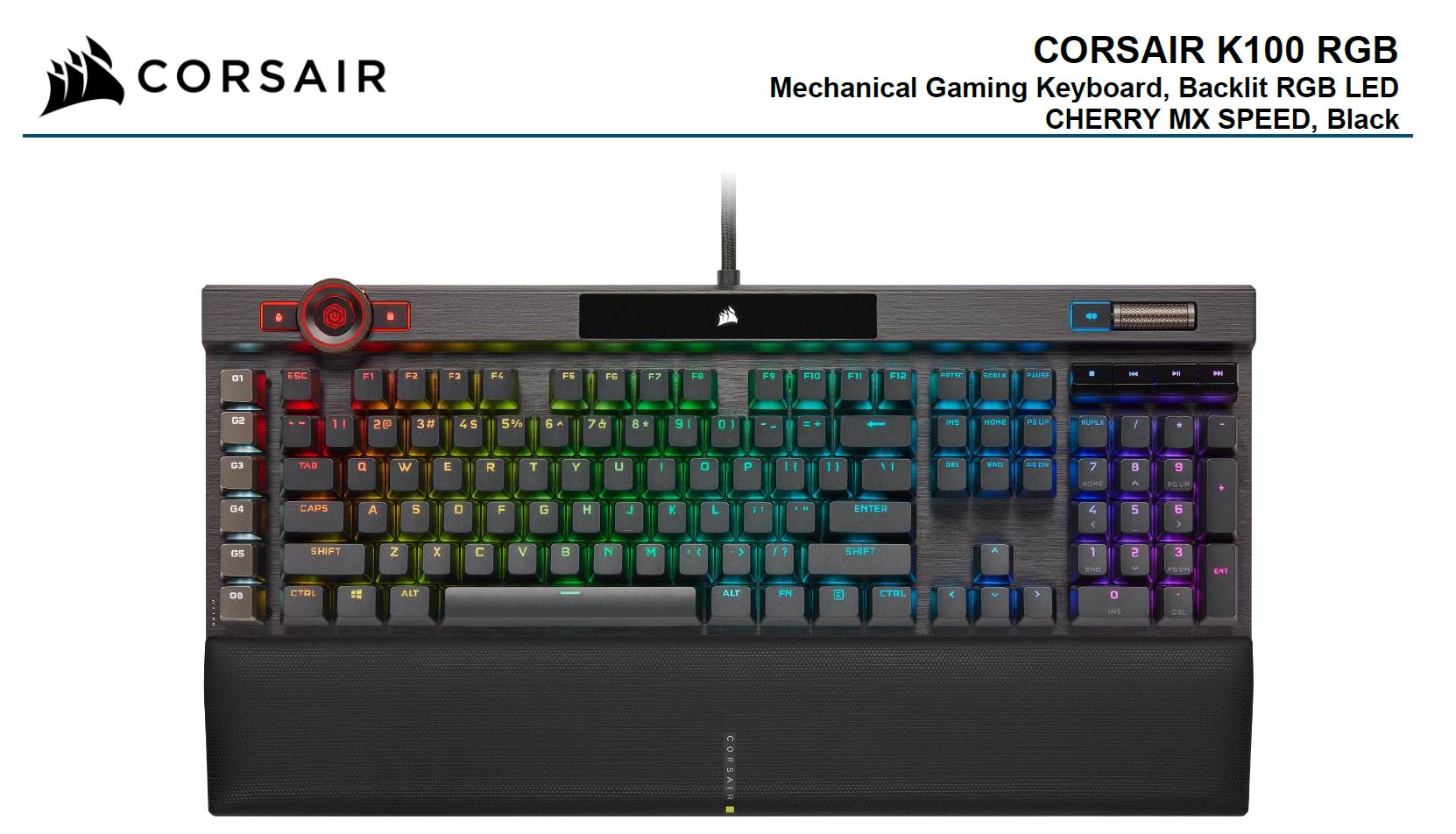 Corsair K100 RGB, Cherry MX SPEED, AXON 44-Zone RGB, PBT Double-Shot Keycaps, Black, Mechanical Gaming Keyboard