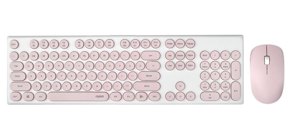RAPOO Wireless Optical Mouse & Keyboard - 2.4G Connection, 10M Range, Spill-Resistant, Retro Style Round Key Cap, 1000DPI - Pink (BUY 10 GET 1 FREE)