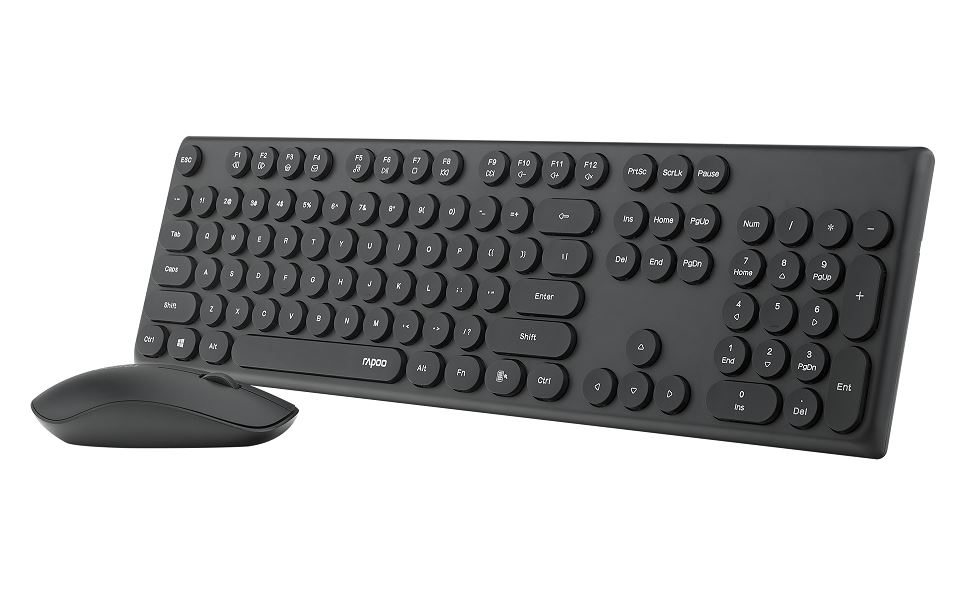 RAPOO Wireless Optical Mouse & Keyboard Black -2.4G Connection, 10M Range, Spill-Resistant, Retro Style Round Key, 1000DPI Black (BUY 10 GET 1 FREE)