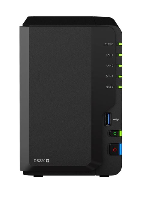 Synology DS220+ 2 Bay NAS Intel Celeron J4025 2-core 2.0 GHz 2 GB DDR4 non-ECC SATA HDD/SSD 2 RJ-45 1GbE LAN 2 USB 3.0 Port Hot swappable