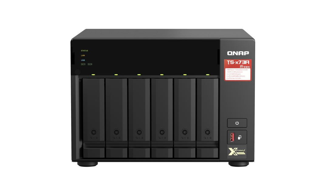 QNAP TS-673A-8G 6 Bay NAS AMD Ryzen™ Embedded V1500B quad-core 2.2 GHz 8G DDR4 2xM.2 2280 PCIe Gen3 x1 slots 2x2.5 GEl 3xUSB3.2 Hot-swappable 3YR WTY