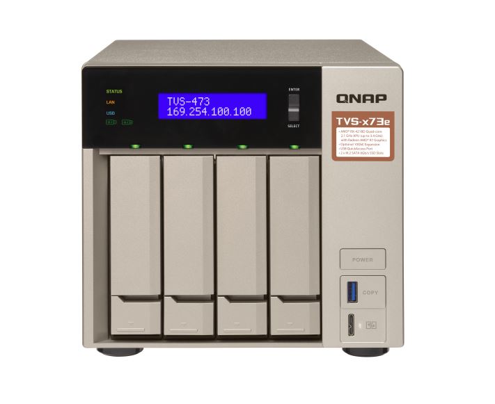 QNAP TVS-473e-4G 4 Bay NAS AMD R-Series RX-421BD quad-core 2.1 GHz 4G DDR4 Hot-swappable 2xM.2 2280/2260 SATA 6Gb/s slots 4xGbE 4xUSB 3.2 2YR WTY