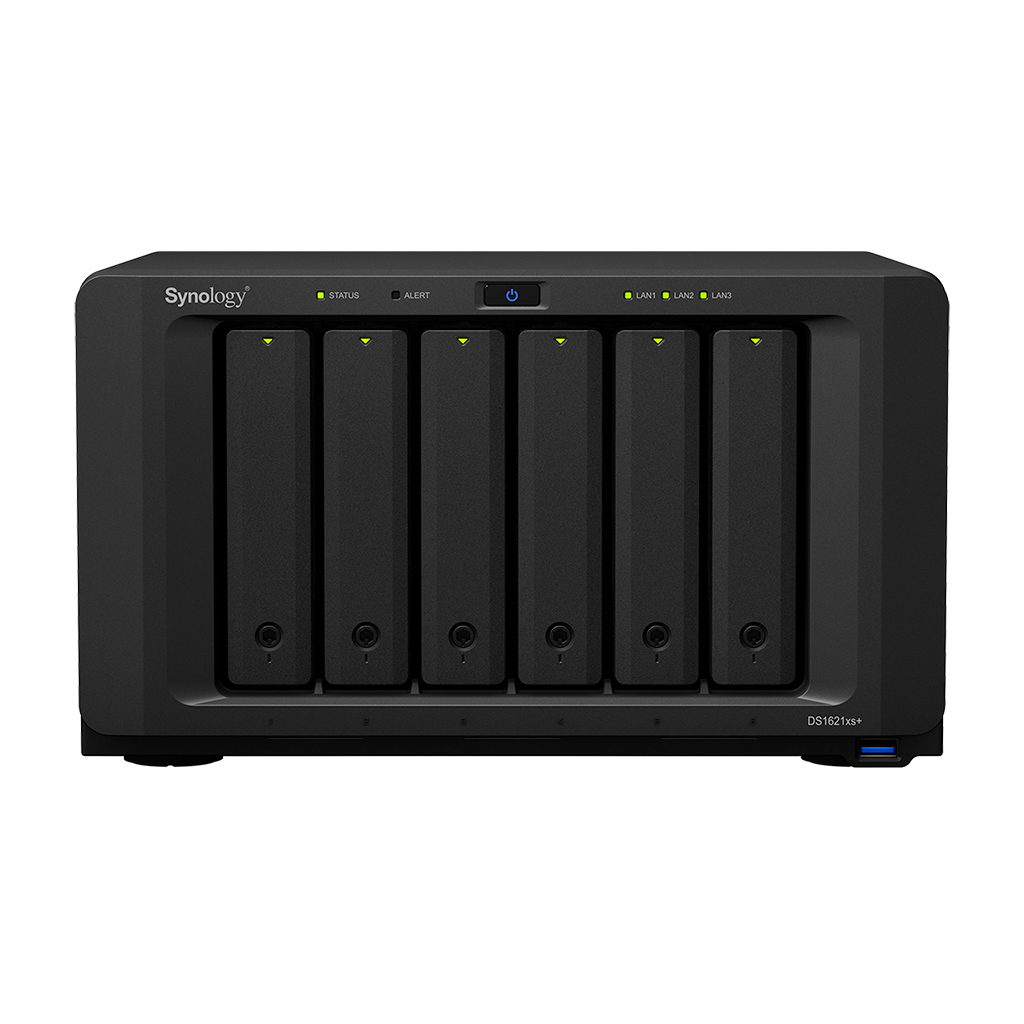 Synology DS1621xs+ 6 Bay NAS Intel® Xeon® D-1527 4-core 2.2GHz 8 GB DDR4 Hot swappable 3 x USB 3.0 2x1GbE 1x10GbE 1x8-lane x8 slot 5 Yr Wty