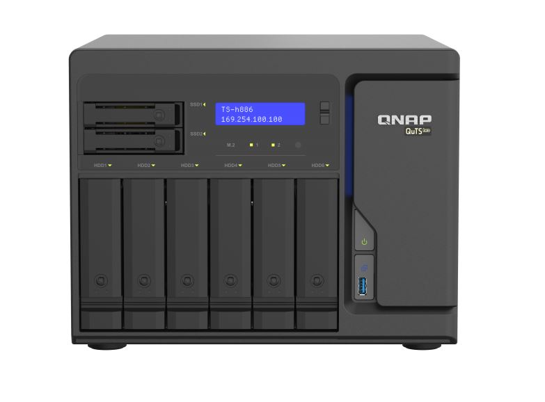 Qnap TS-h886-D1622-16G 8 Bay NAS Intel® Xeon® D-1622 quad-core 2.6 GHz 16G DDR4 ECC Hot-swappable 2 x M.2 4x2.5GbE 2xPCle 3xUSB 3.2 5YR WTY