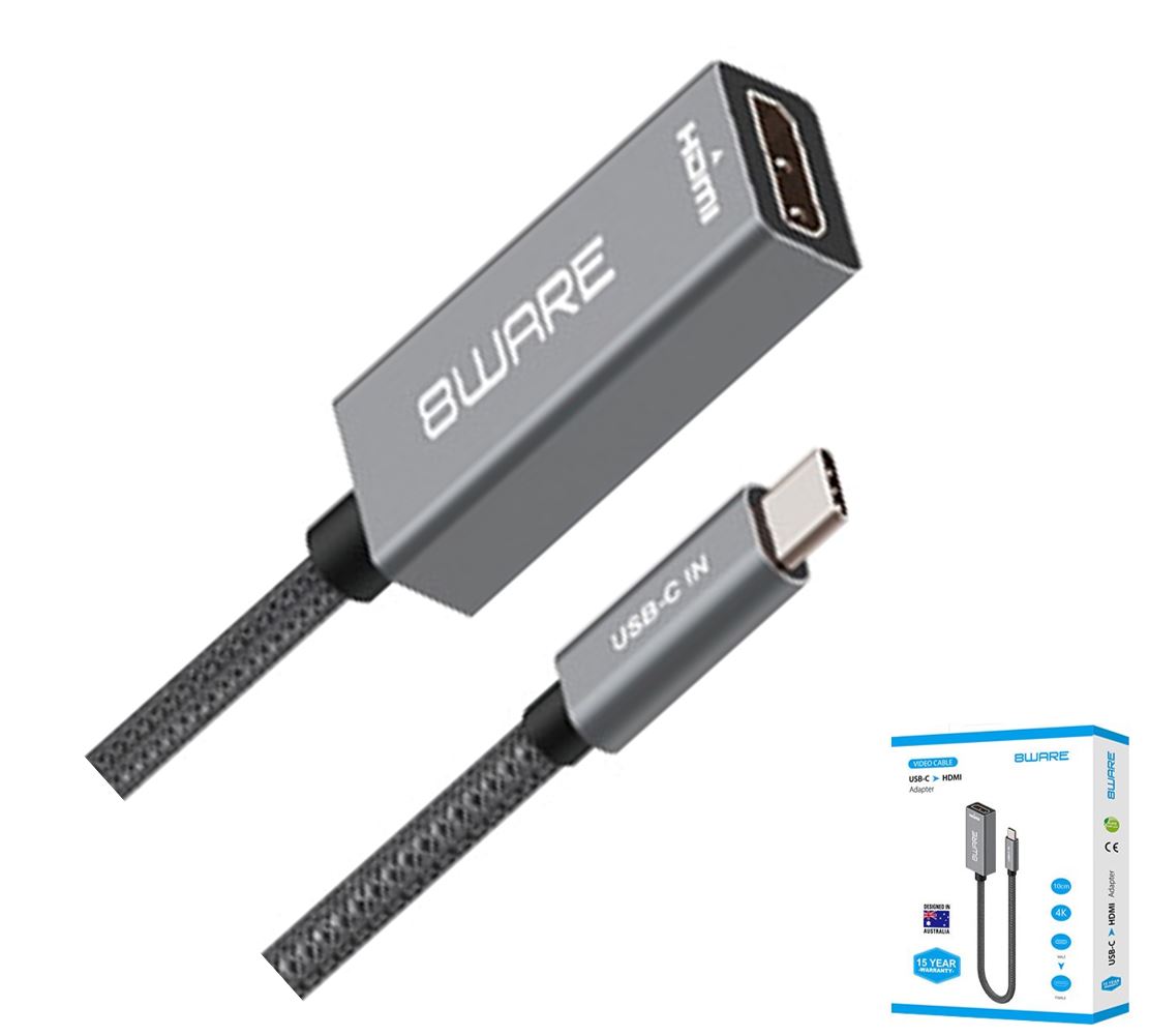 8ware 10cm USB-C to HDMI Male-Female Adapter Converter Cable Retail Pack for PC Laptop iPad MacBook Pro/Air Surface Dell XPS to Monitor Projector TV